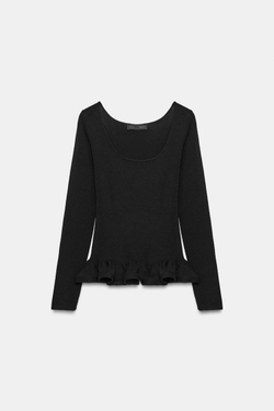 ZARA СВИТЕР ИЗ ТРИКОТАЖА С ВОЛАНАМИ, ЧЕРНЫЙ