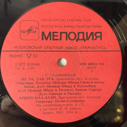 Винтажная виниловая пластинка LP Узеир Гаджибеков Азербайджанский Композитор, Фрагменты Музыкальных Комедий Не та, так эта и Аршин мал алан (СССР 1985)