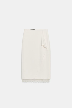 ZARA ЮБКА МИДИ НА ЗАПÁХЕ С КРУЖЕВОМ, ЖЕЛТОВАТО-БЕЛЫЙ