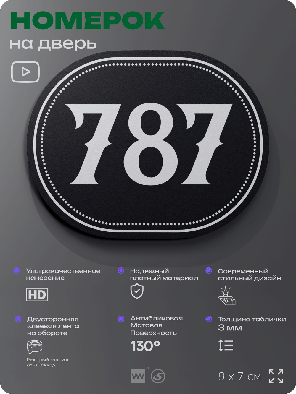 Номерок на дверь квартиры 787, для кабинета, офиса, шильдик 9 х 7 см, черный, Айдентика Технолоджи