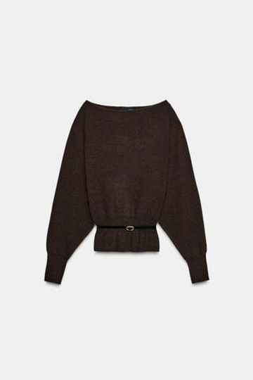 ZARA ВЯЗАНЫЙ СВИТЕР С ПОЯСОМ, ШОКОЛАДНЫЙ