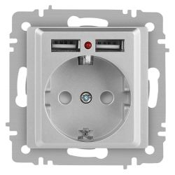 Розетка Intro Accent 6-410-03 с заземлением 2P+E Schuko со шторками 16А-250В + 2хUSB IP20 СУ алюминий | Intro