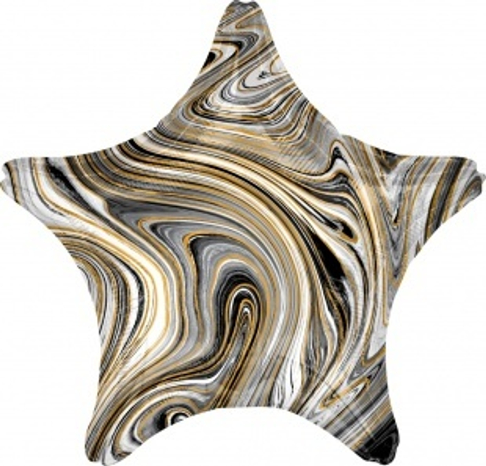 Шар (18""/46 см) Звезда, Мрамор, Золотая нить, Черный, Агат, 1 шт. Е017