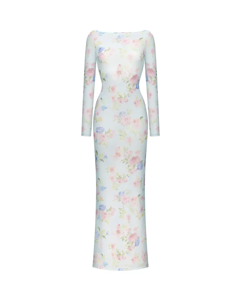 Монет макси (Monet maxi), платье макси из голубой сетки с цветочным принтом