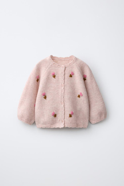ZARA КАРДИГАН С ВЫШИТЫМИ ЦВЕТАМИ, ЦВЕТ РОЗОВОГО ДЕРЕВА