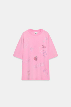 ZARA ФУТБОЛКА С ЭФФЕКТОМ ПОТЕРТОСТИ И БЛЕСТКАМИ HELLO KITTY ©, РОЗОВЫЙ
