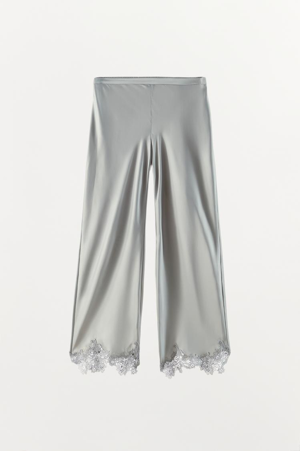 ZARA АТЛАСНЫЕ БРЮКИ С КРУЖЕВОМ ПО НИЗУ, СЕРЫЙ