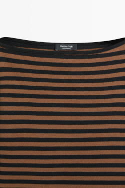 Massimo Dutti Футболка из 100% хлопка в полоску с вырезом лодочкой, кротово-коричневый