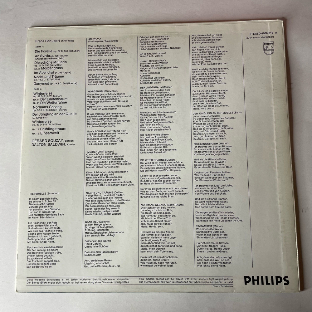 Винтажная виниловая пластинка LP Franz Schubert Франц Шуберт, Gerard Souzay, Dalton Baldwin, Der Lindenbaum Und Andere Lieder (Нидерланды 1977)