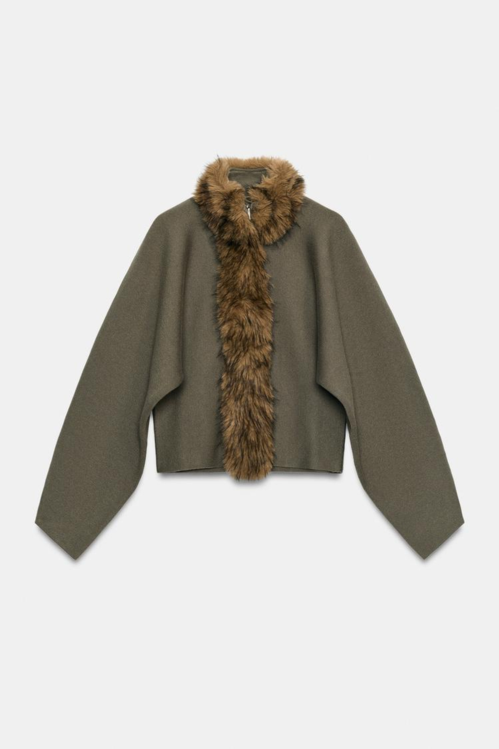 ZARA ТРИКОТАЖНЫЙ КАРДИГАН С ЭФФЕКТОМ МЕХА, ХАКИ