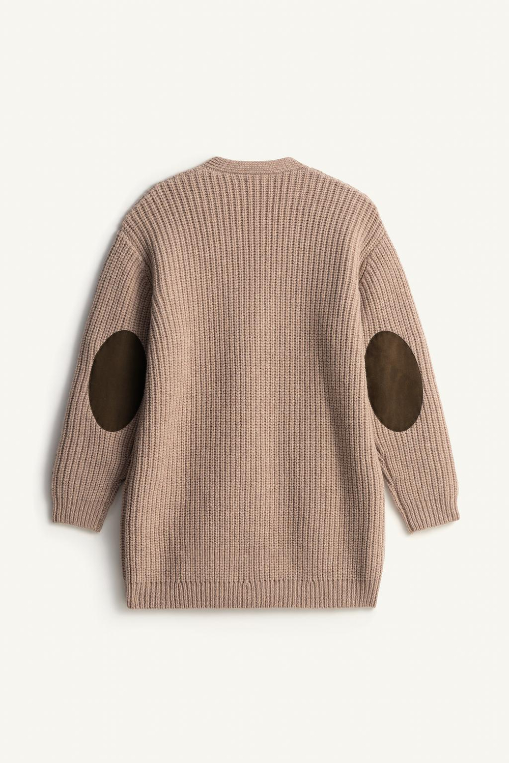 ZARA ДЛИННЫЙ КАРДИГАН ИЗ 100% ШЕРСТИ С НАШИВКОЙ НА ЛОКТЕ, БЕЖЕВЫЙ