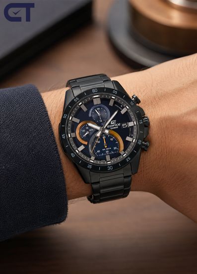 CASIO EFR-571DC-2AVUDF EDIFICE мужские наручные часы — чёрный хронограф с тёмно-синим циферблатом и золотистыми акцентами