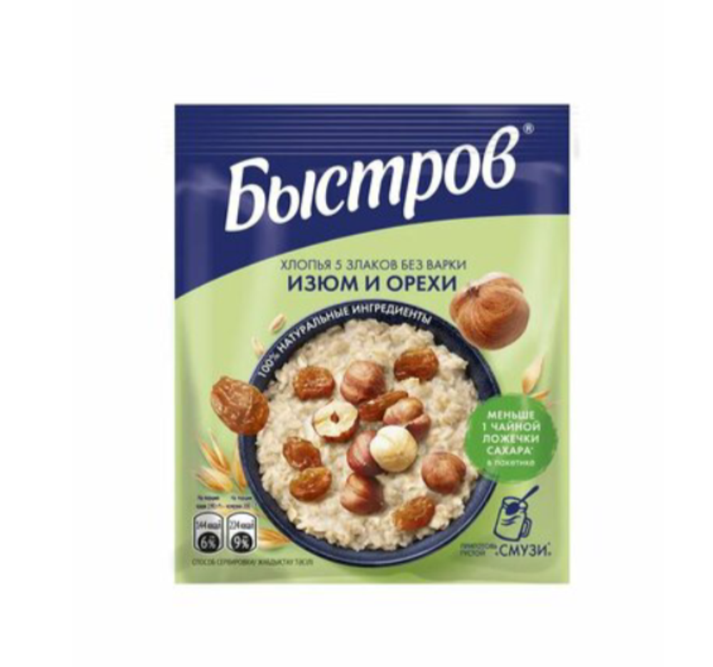 БЫСТРОВ Хлопья 5 Злаков Изюм Орех 17х40г