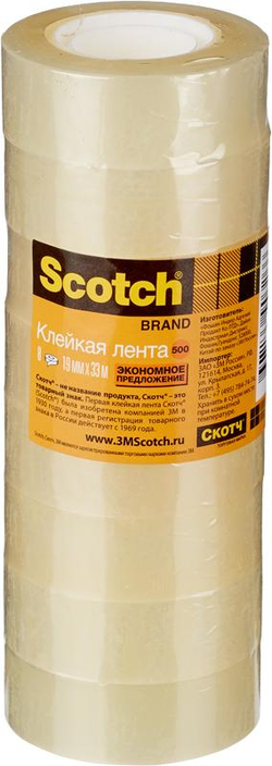 Лента универсальная прозрачная клейкая эконом Scotch® 500-1933, 19 мм х 33 м, 8 рулонов в тубе