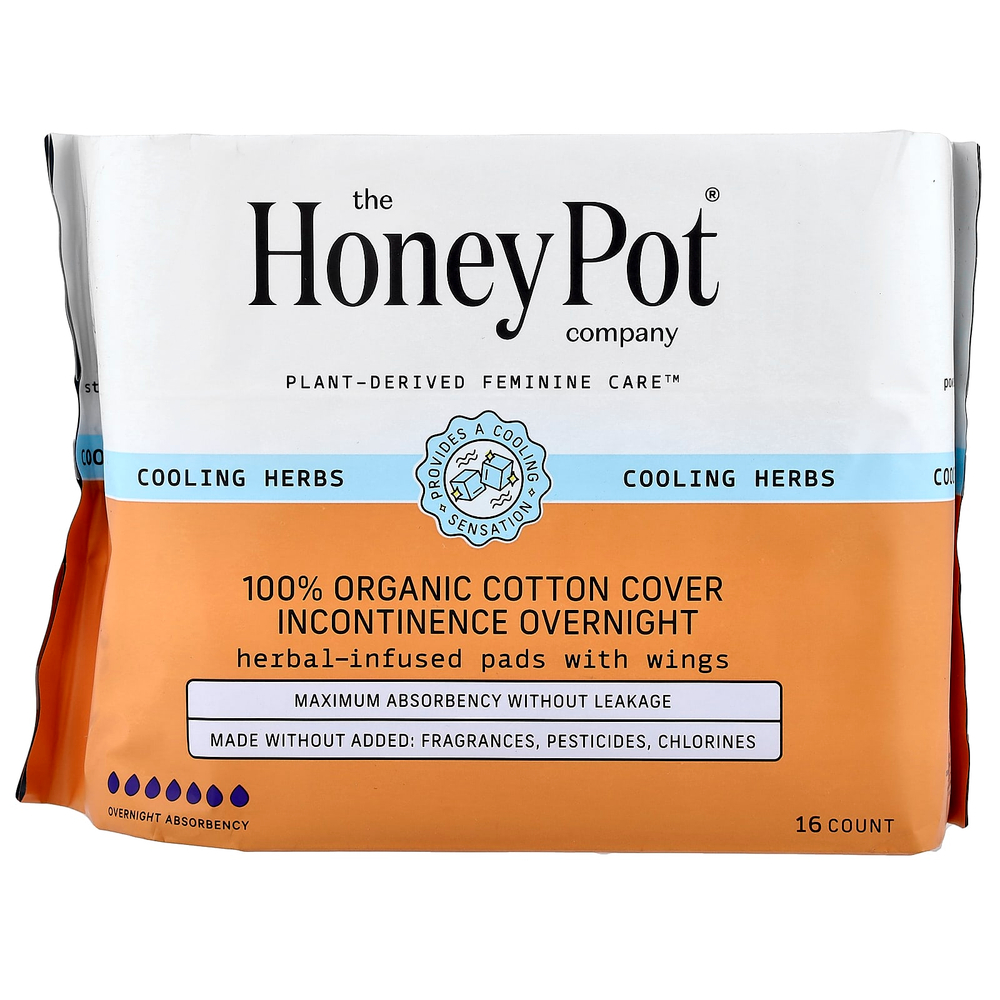 The Honey Pot Company, Покрытие из 100% органического хлопка, травяные прокладки с крыльями, при недержании на ночь, 16 шт.