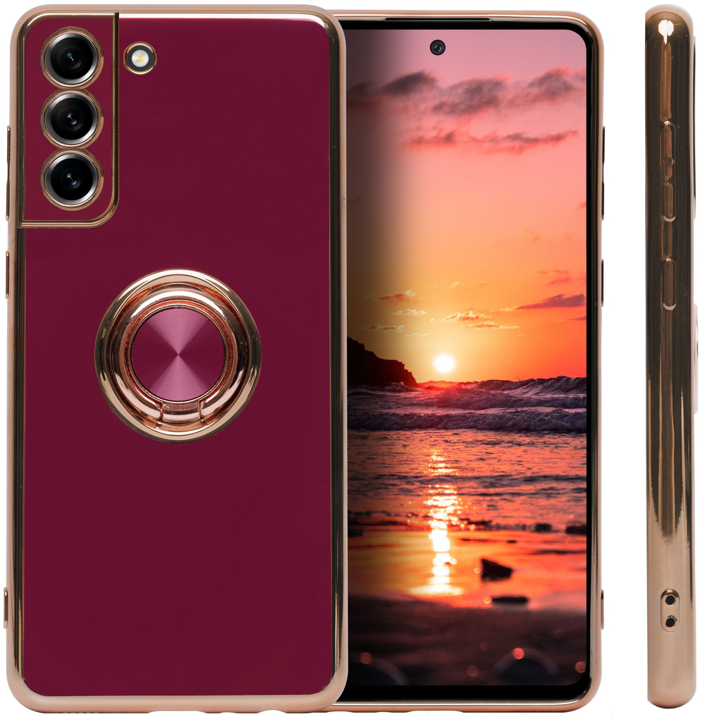 Стильный глянцевый чехол для SAMSUNG GALAXY S21 FE с кольцом-подставкой и бархатной подкладкой