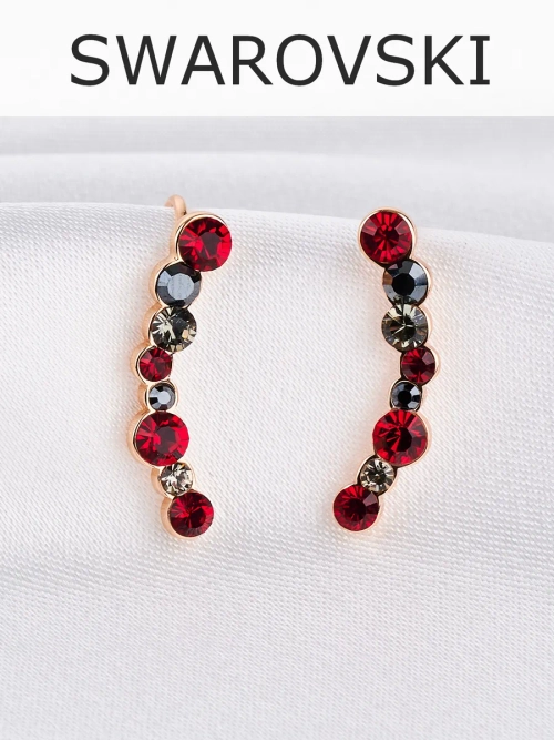 Серьги-клаймберы Млечный путь с красными кристаллами Swarovski