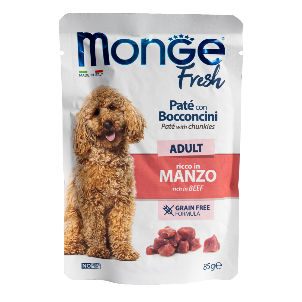 Влажный корм Monge Dog Fresh для взрослых собак паштет с кусочками говядины паучи 85 г