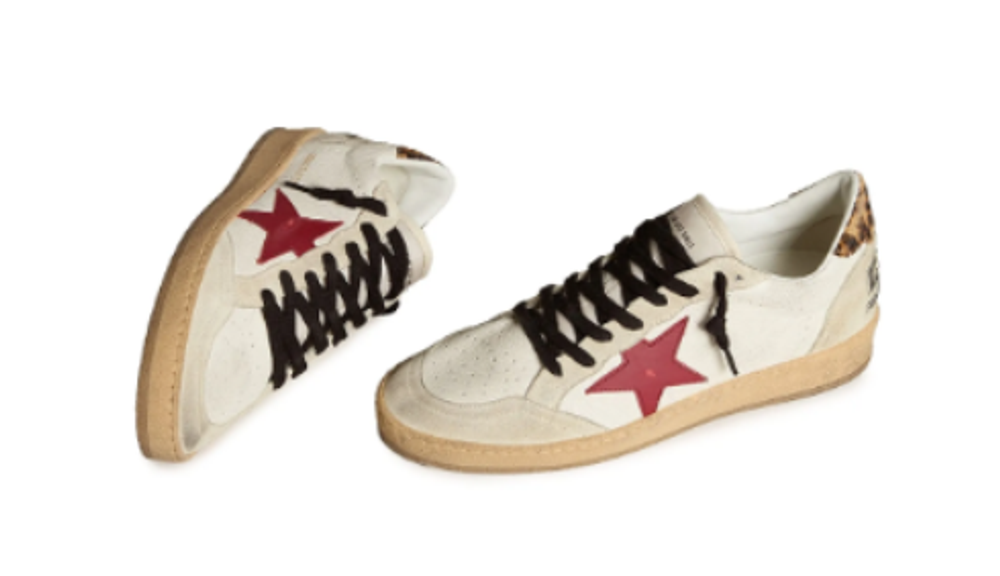 Women's Golden Goose Ball Star Sneakers with Burgundy Star and Leopard Heel Tab