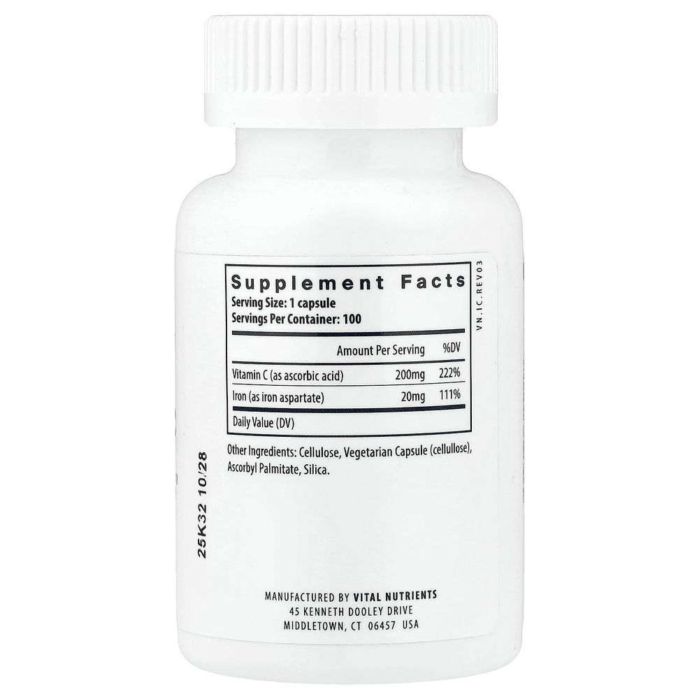 Vital Nutrients, Iron Plus C, 100 веганских капсул