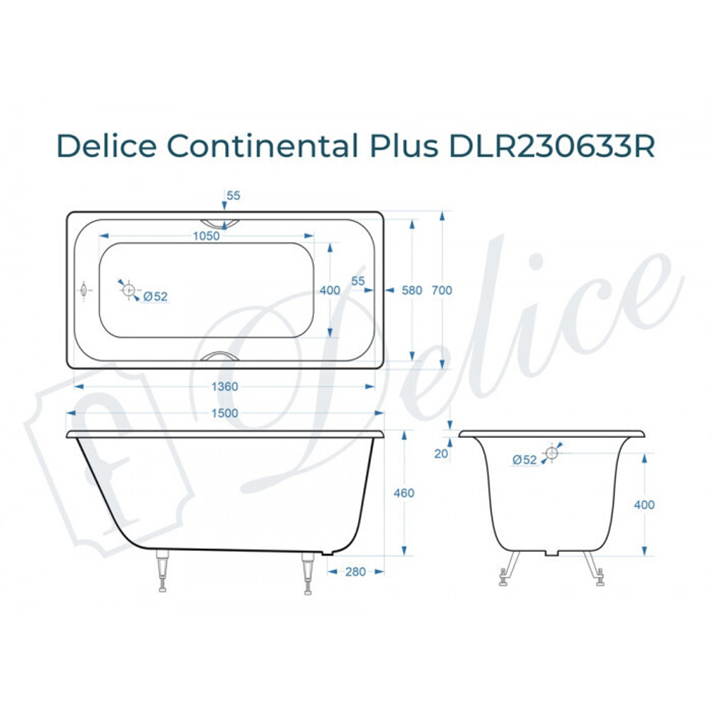 Ванна чугунная Delice Continental PLUS 150х70 с отверстиями под ручки DLR230633R