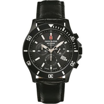 С ремешком Мужские наручные часы с черным кожаным ремешком  Swiss Alpine Military 7022.9577 chronograph 42mm 10ATM