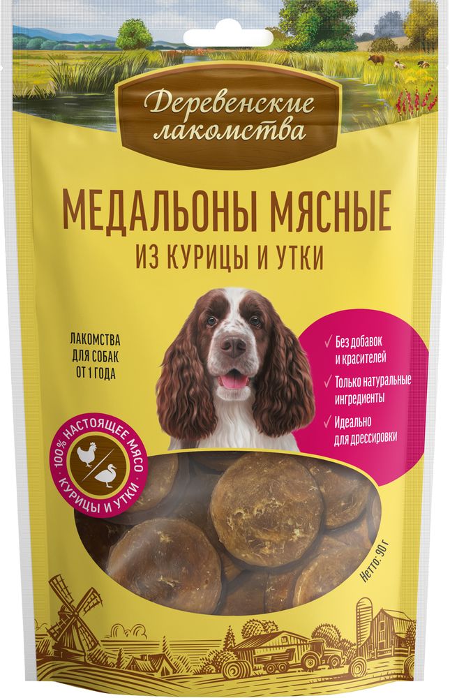 Деревенские лакомства для собак Медальоны мясные из курицы и утки 90г Деревенские лакомства для собак Медальоны мясные из курицы и утки 90г