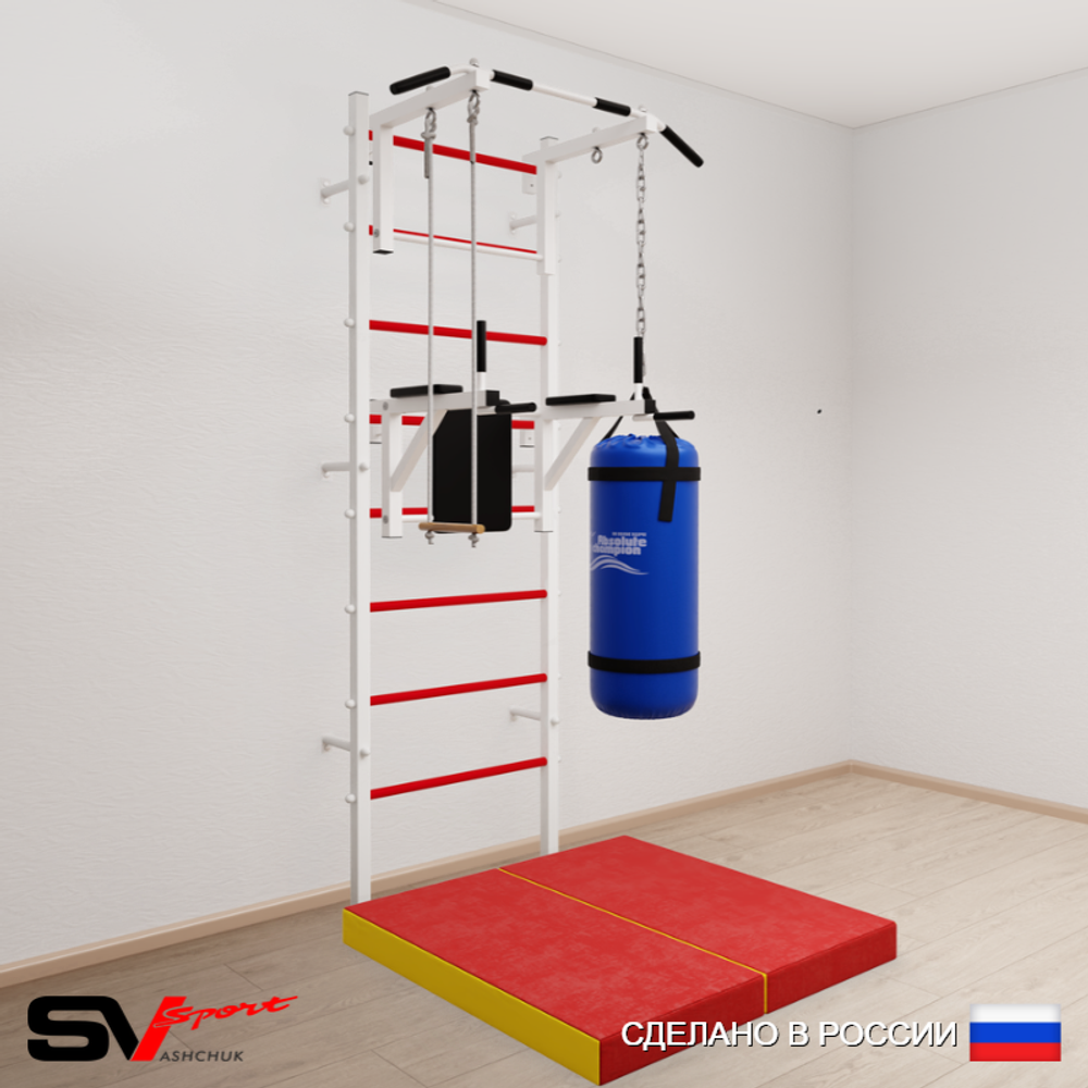 Шведская стенка Sv Sport усиленная 6735 (Турник стандарт/Брусья/Трапеция/Цепь/Мешок 15кг/Мат 1м)