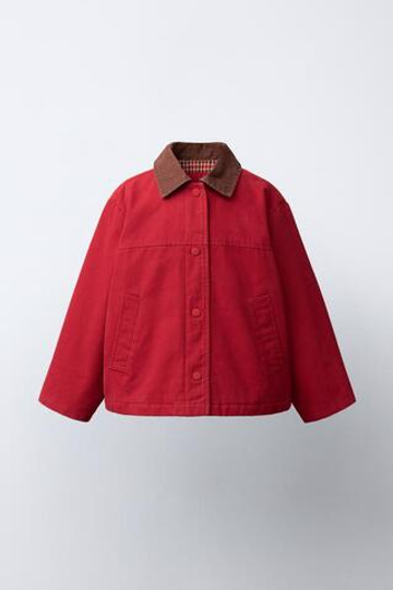ZARA КУРТКА CANVAS С КОНТРАСТНЫМ ВОРОТНИКОМ, КРАСНЫЙ