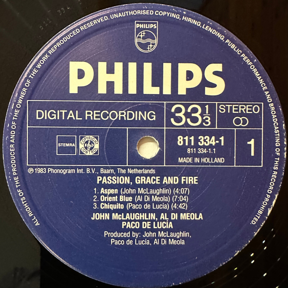John McLaughlin, Al Di Meola, Paco De Lucia – Passion, Grace & Fire (Голландия 1983г.)