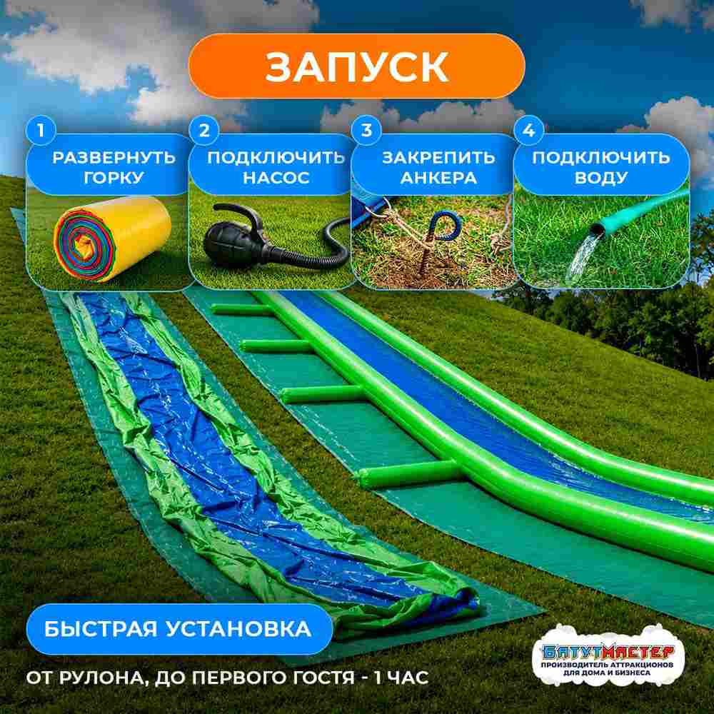 Надувная горка на склон ТУРБО «Скользкий пурпур», с однослойным дном, на подкачке, 20×2,5×0,4 м