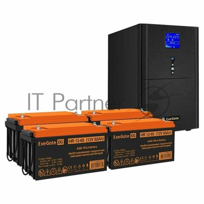 Комплект ИБП EX295991RUS + батарея 65Aч EX282982RUS 4шт (инвертор, синус, для котла) ExeGate SineTower SZ-5000. LCD. AVR.2SH.1C13. T. RJ. 5000VA/4000W, чистый синусоида, LCD дисплей, AVR, 2*Schuko+1*C13+клеммы, RJ45/11, USB, линейно-интерактивный, Bl