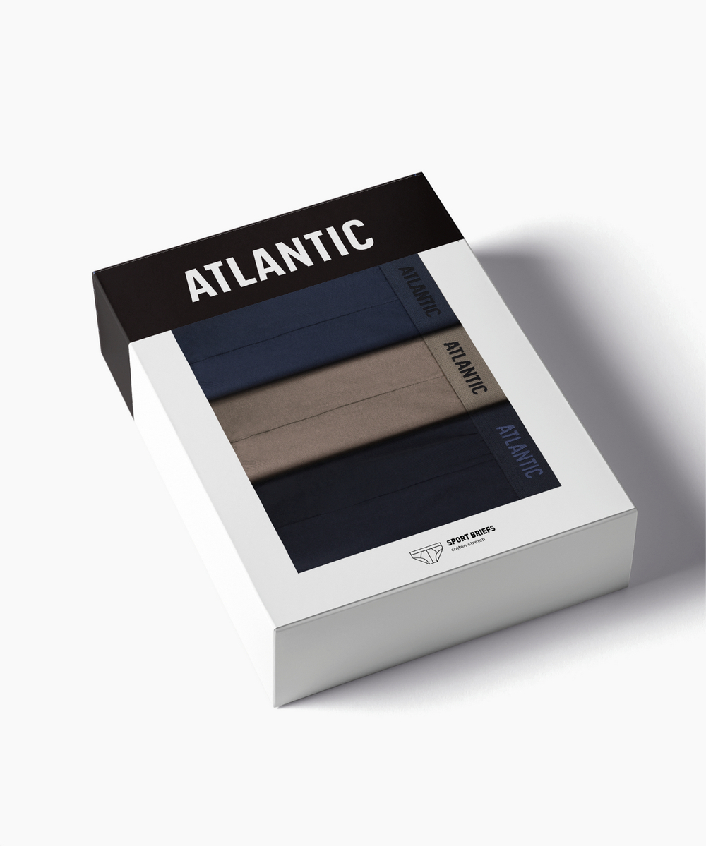 Мужские трусы слипы спорт Atlantic, набор 3 шт., хлопок, холодный индиго + темно-бежевые + темно-синие, 3MP-0944