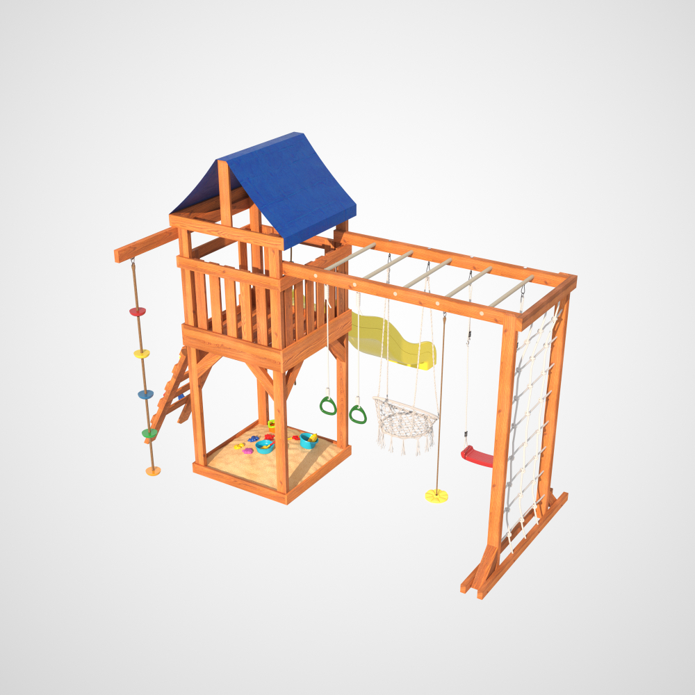 Детская площадка Fun Land с модулем сетка-рукоход, подвесным креслом и качелями