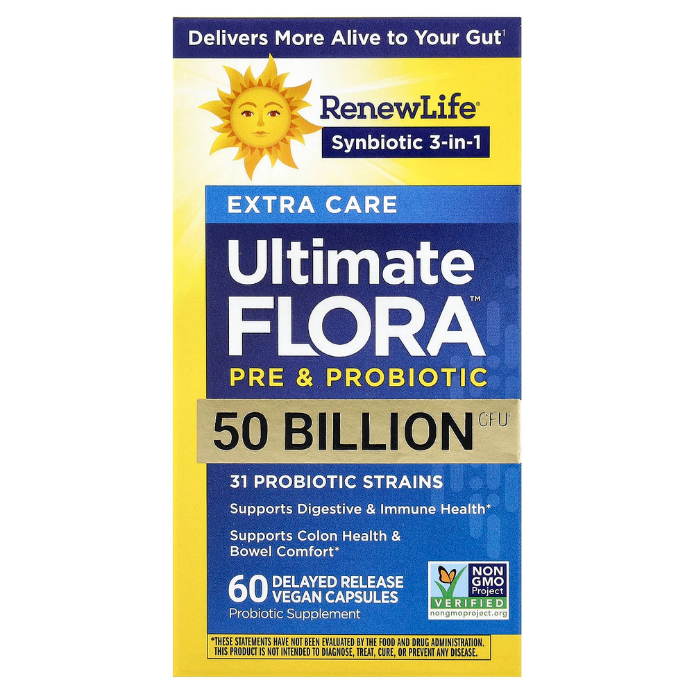 Renew Life, пробиотик Extra Care Ultimate Flora™, 50 млрд КОЕ, 60 веганских капсул с отсроченным высвобождением