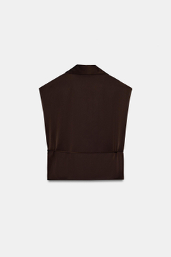 ZARA АТЛАСНАЯ РУБАШКА БЕЗ РУКАВОВ С ПОЯСОМ, КОРИЧНЕВЫЙ