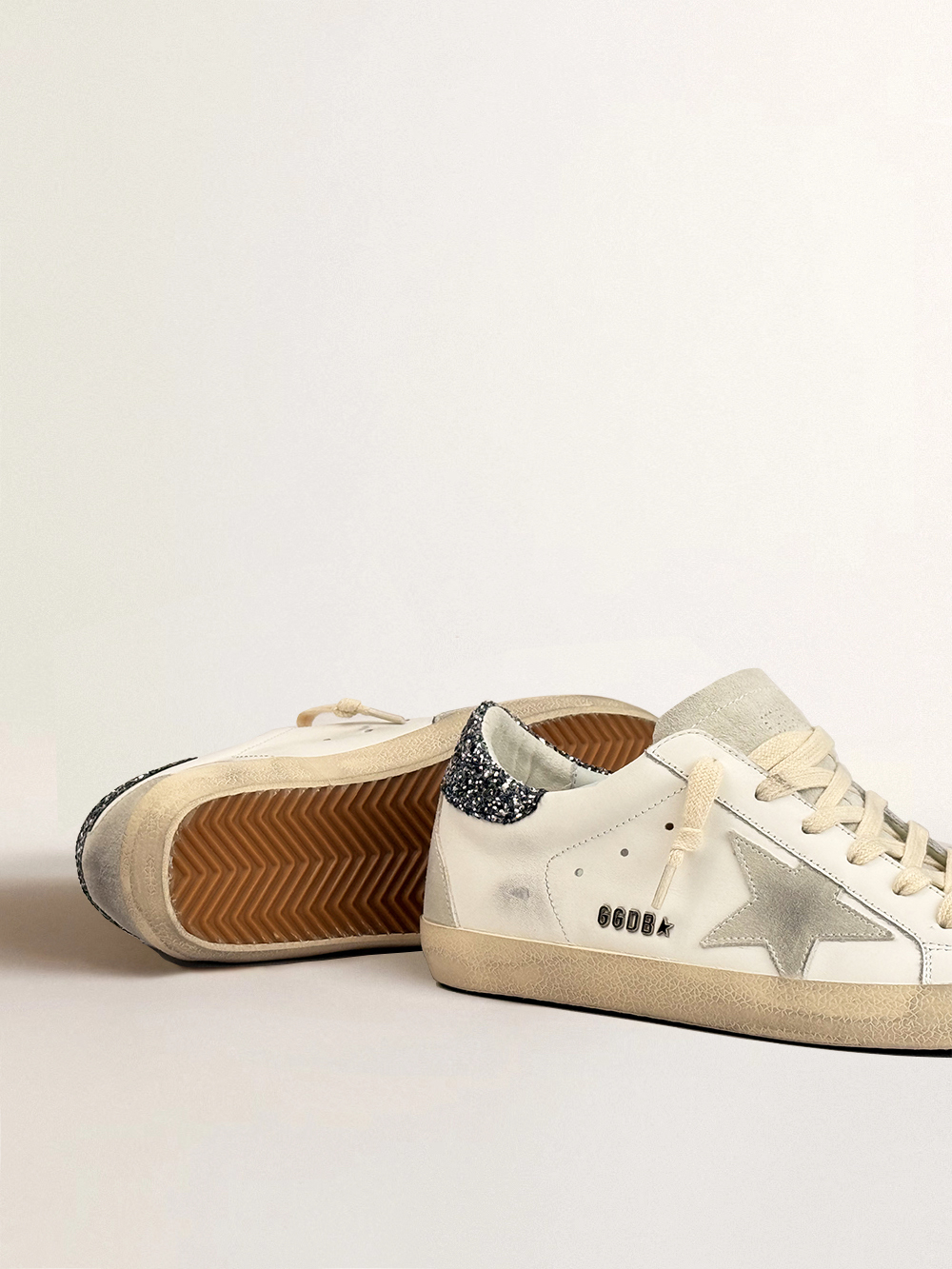 Super Star in white leather with grey suede star and silver glitter heel tab