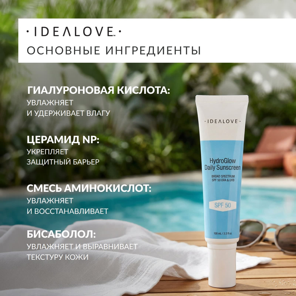 Idealove, Hydro Glow, ежедневный солнцезащитный крем с SPF 50, 100 мл (3,3 жидк. унции)