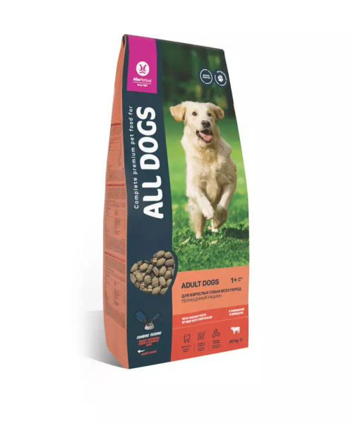 Сухой ком All Dogs для взрослых собак, с говядиной и овощами, 20 кг