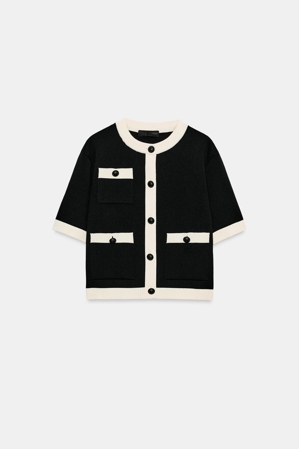 ZARA КАРДИГАН С КОРОТКИМИ РУКАВАМИ И КАРМАНАМИ, ЧЕРНЫЙ/БЕЛЫЙ