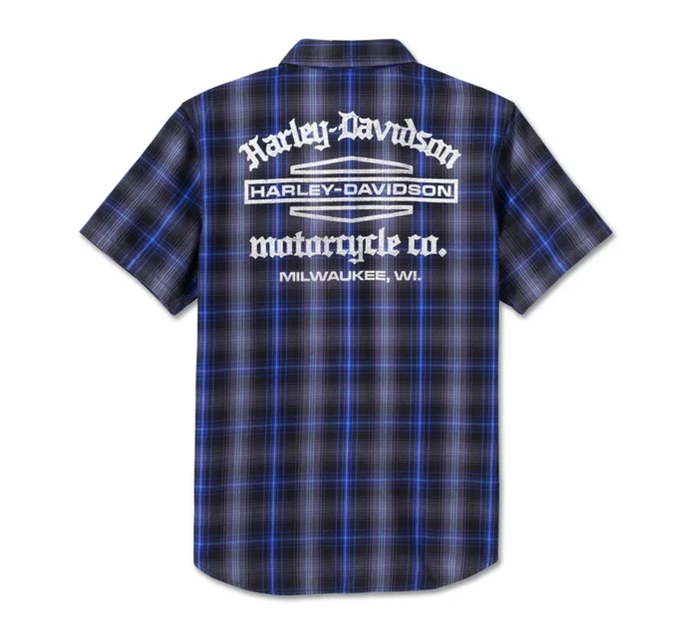 Рубашка Men's Staple Short Sleeve Shirt - Plaid - Harley Black & Ombre Blue Harley-Davidson