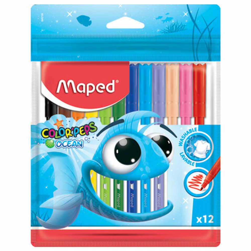 Фломастеры MAPED (Франция) "Color'Peps Ocean", 12 цветов, смываемые, вентилируемый колпачок, упаковка, европодвес, 845720