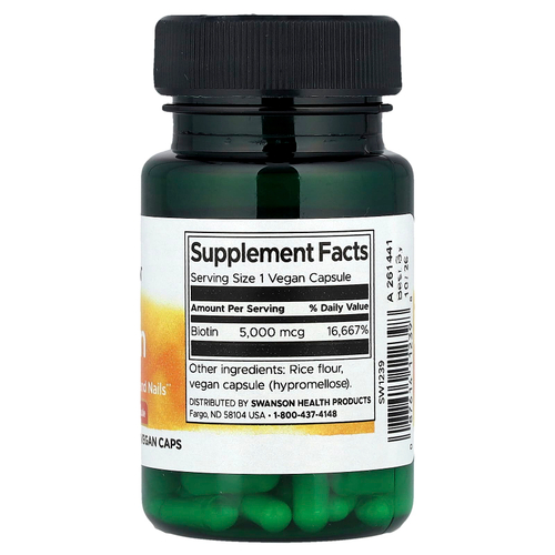 Swanson Vitamins, биотин, 5000 мкг, 30 веганских капсул