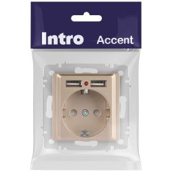 Розетка Intro Accent 6-410-04 с заземлением 2P+E Schuko со шторками 16А-250В + 2хUSB IP20 СУ шампань | Intro