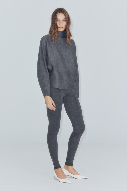 ZARA ТРИКОТАЖНЫЙ СВИТЕР С ВОРОТНИКОМ-СТОЙКОЙ, СЕРЫЙ МЕЛАНЖ