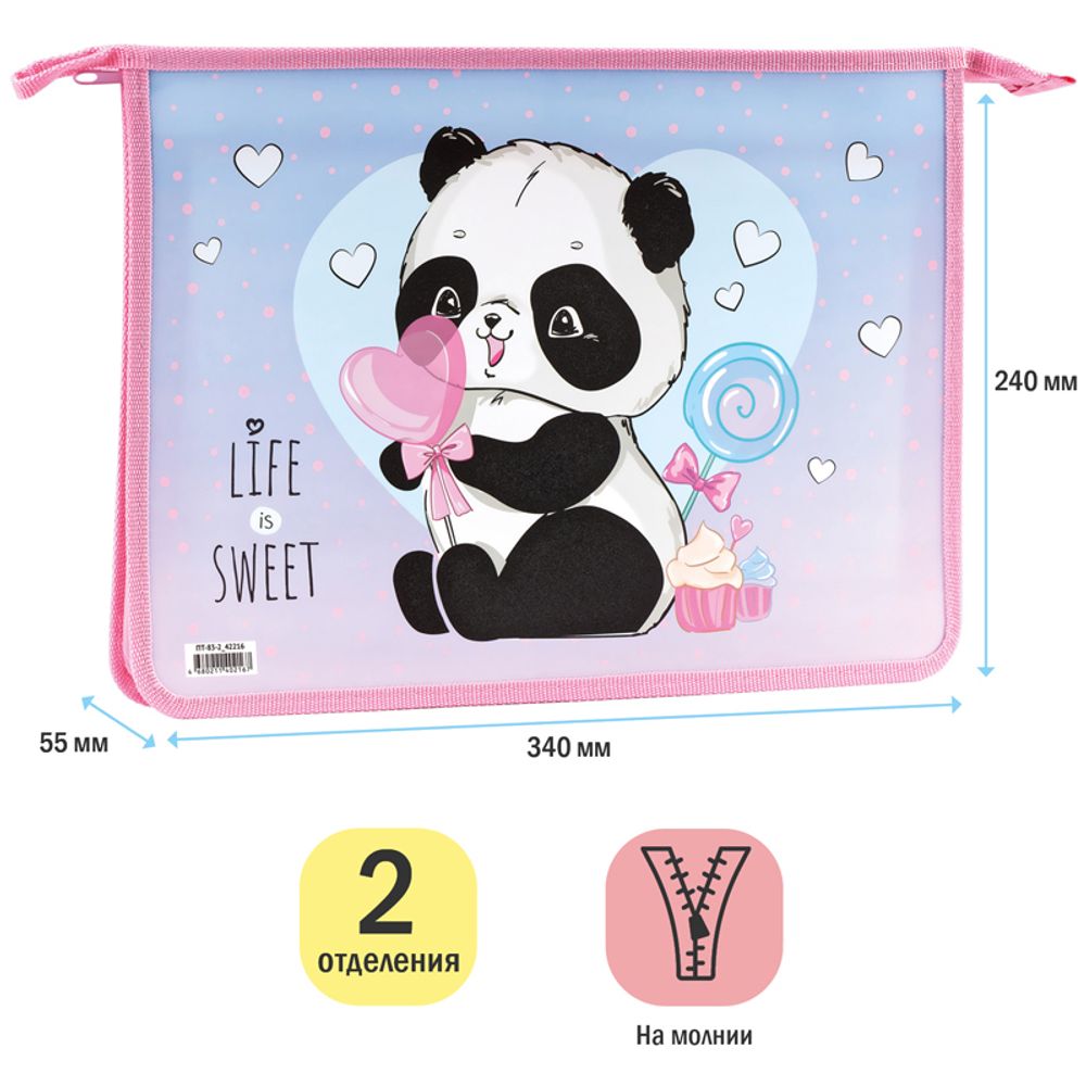 Папка для тетрадей 2 отделения А4 на молнии Спейс, рисунок на пластике, Sweet Panda