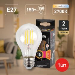 Лампа светодиодная ЭРА F-LED A60-15W-827-E27 15Вт филамент груша теплый белый свет E27 | Филаментные декоративные
