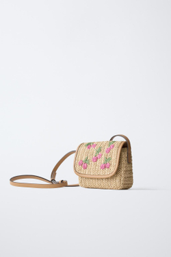 ZARA СУМКА ИЗ РАФИИ С ВИШНЯМИ, РОЗОВЫЙ