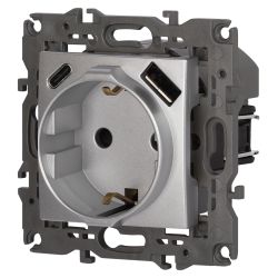 Розетка ЭРА Elegance 14-4108-03 2P+E 16A-250В со шторками с USB type-A+C 5В-3А алюминий | Розетки и выключатели