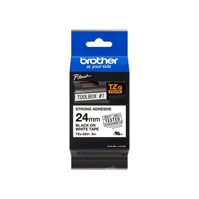 Brother TZES-251 кассета с лентой для печати наклеек повышенной адгезии, чёрный шрифт на белой основе, 24мм*8м